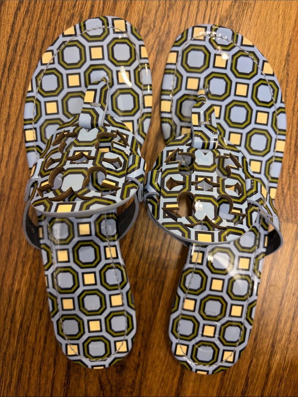 Tory Burch Miller Chambray Blue Geometric Patent Leather sandals